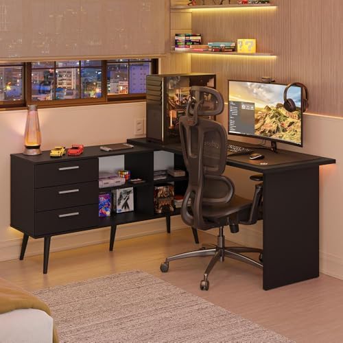 Escrivaninha Em L Mesa Para Computador Gamer 3 Gavetas Preto Lisb...