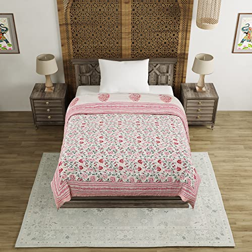 Image of BLOCKS OF INDIA Cotton Single Size Quilt Hand Block Print for Light Winters (60X90 Inches) (Pink Jaal), Lightweight, 300 TC