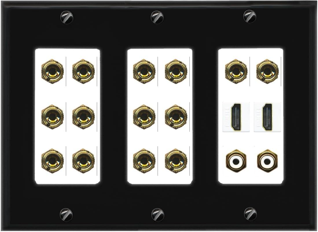 RiteAV 7.2 Surround Sound 7 Speaker 14 Banana Plug Jack Wall Plate w/ 2 RCA Subwoofer + 2 HDMI Female Connectors - 3 Gang [Black]