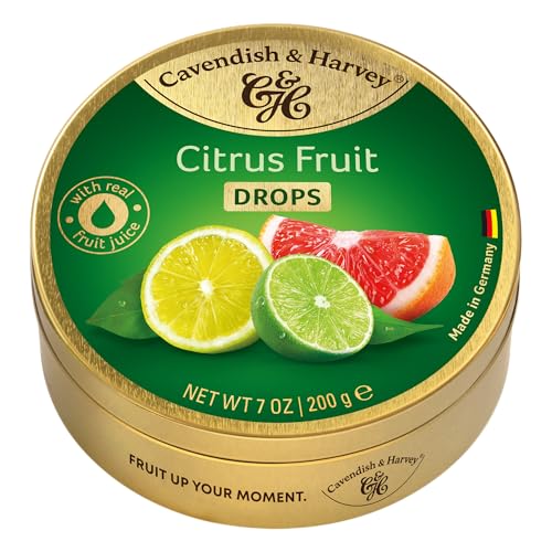 Cavendish & Harvey Citrus Fruit Drops 200g Dose | Zitrone, Pink Grapefruit und Limette | Mit echtem natürlichen Fruchtsaft | Vegan, Halal, Koscher | 1 x 200g