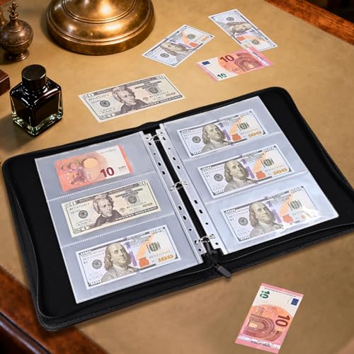 Currency Album with 180 Pockets - WITHYU Expandable 3-Ring Binder Currency Organizer with Clear Non-PVC Sleeves for Banknotes, Bills, Tickets, and Collectibles (Black)