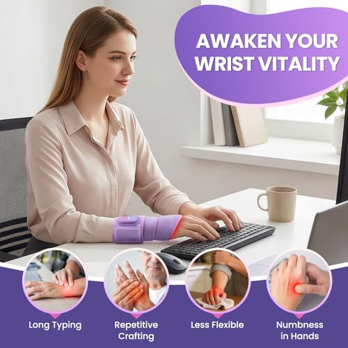 Image of Cordless Wrist Hand Heating Pad Massage for Pain Relief, Rechargeable Heated Wrist Brace for Carpal Tunnel & Arthritis, Red Light Heated Wrist Massager Wrap, Purple
