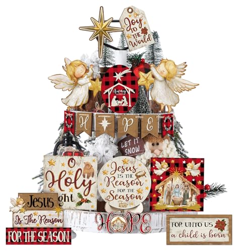 Vercraft Christmas Tiered Tray Decor Winter Tiered Tray Decorations Set Snowman Snowflake Gnome Truck Wooden Signs Farmhouse Christmas Table Decorations for Home Table Shelf(Nativity Scene)