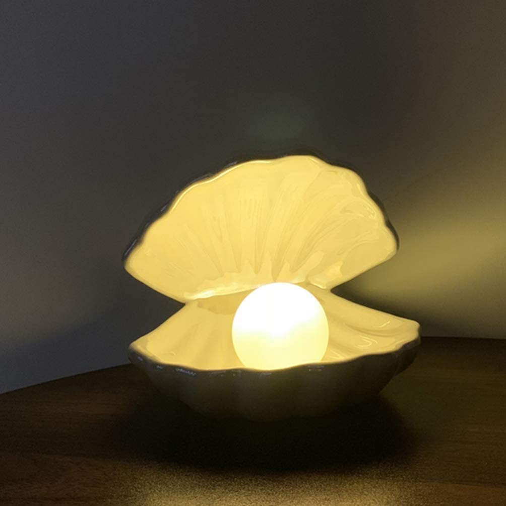 BESPORTBLE Shell Pearl Design Night Light Beach Themed Night Light Ceramics Desktop Ornament Bedside Decorative Lamp Home Decor Lamp for Bedroom