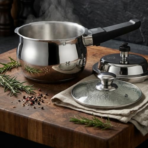 Image of GARUDA NRI Stainless Steel Pressure Cooker with Glass Lid, Handi Shape, Sandwich Bottom, Induction Compatible (2.5 Litres)
