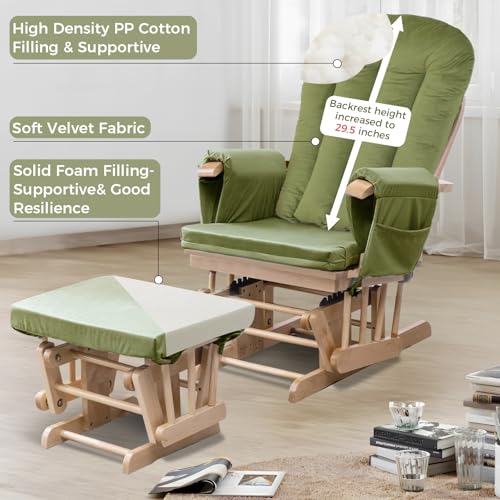 Image of Lucky Monet 5PCS Velvet Glider Rocker Replacement Cushions, Thickened & Supportive Rocking Chair Cushion Set with 29.5 Inch High Backrest & Storage Pockets, for Indoor Nursery Glider & Ottoman, Green