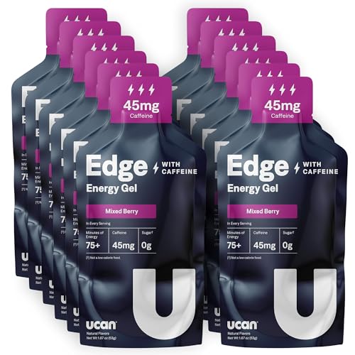 Image of UCAN Edge Energy Gel Shots, Mixed Berry + Caffeine (12, 2 Ounce Packets) for Running, Training, Workouts, Fitness, Cycling, Crossfit | Sugar-Free, Vegan, & Keto Friendly Energy