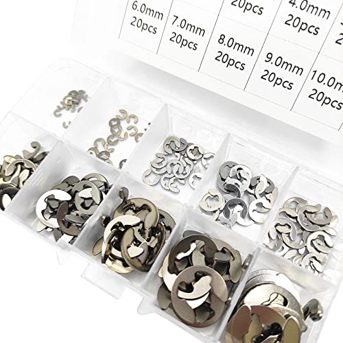 Kazetec 200 Pcs 304 Stainless Steel Opening Snap Ring, E-Clip External Retaining Circlip Assortment Kit #TOP2