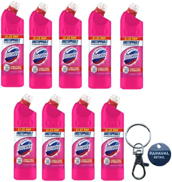 Domestos 24 Hr Thick Toilet Bleach Cleaner 750ml x 9 Box Pack Kills 99.9% Bacteria with Key Ring (Pink)