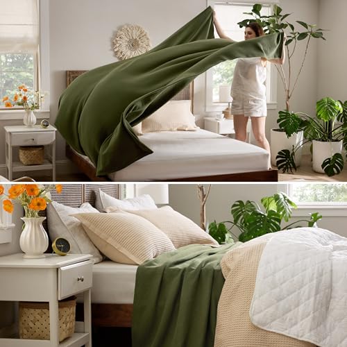 Image of Bedsure 100% Cotton Blanket, Herringbone Weave, Queen Size, Moss Green