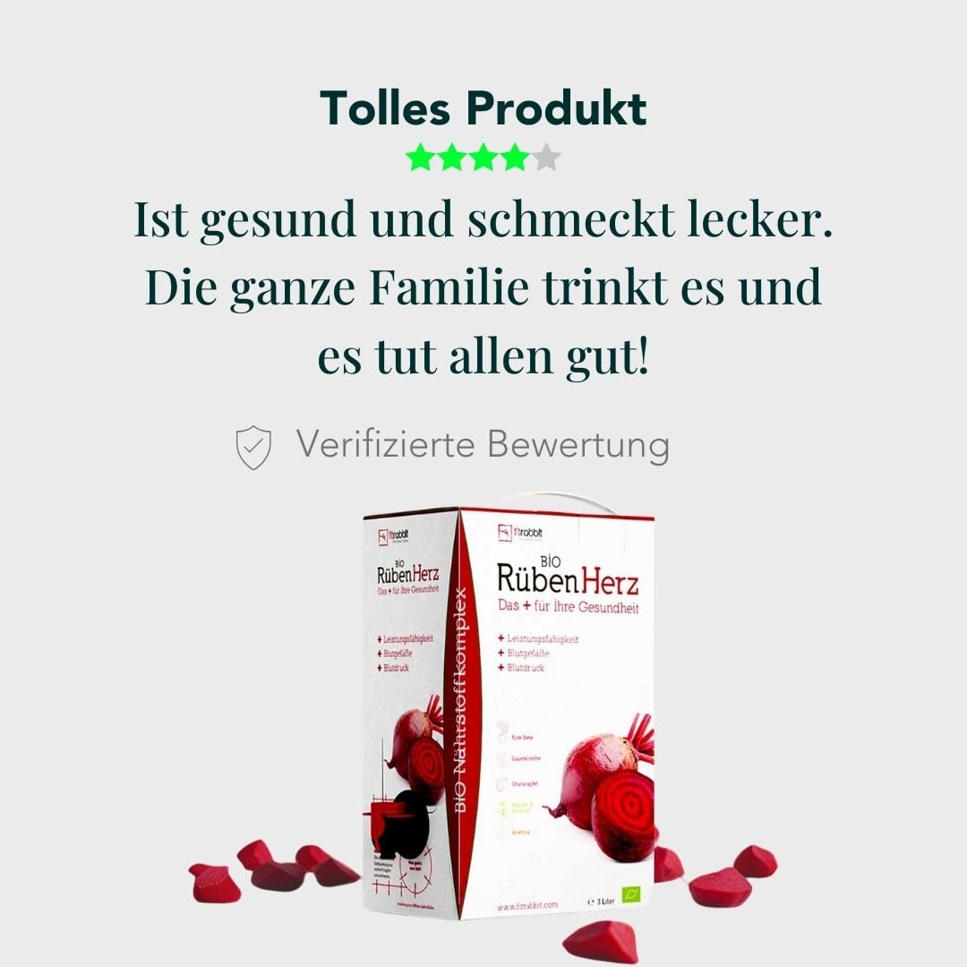 FITRABBIT BIO Rüben Herz [3 L Bag in Box] - 30 Portionen - Für Leistungsfähigkeit, Blutdruck & Blutgefäße - Enthält Rote Bete, Granatapfel, Sauerkirsche, Kräuter, Gewürze und Acerola
