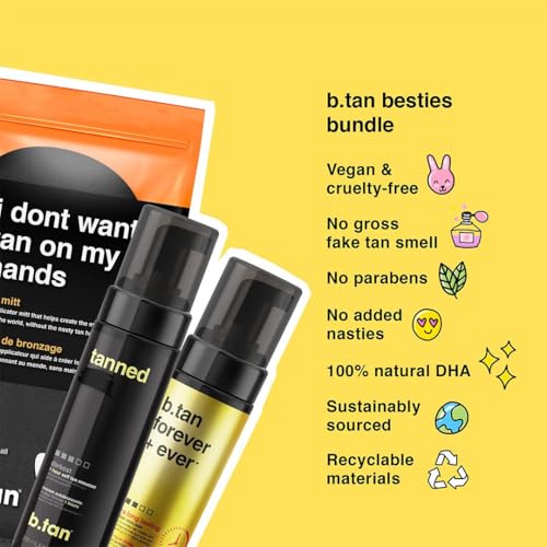 Image of b.tan Dark & Ultra Long Lasting Self Tan Kit | Besties Bundle - Tanning Mousse Duo with Mitt Applicator Glove, 1 Hour Express, Fast Sunless Tanner, Face & Body, No Fake Tan Smell, 6.7 Fl Oz