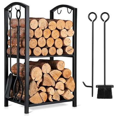 FEED GARDEN Firewood Rack Indoor Outdoor with Tools, 5-Piece Fireplace Tools Set, Fireplace Log Holder, Heavy-Duty Steel Firewood Storage Rack for Fireplace, Fire Pit, Wood Stove-Black, 29" H