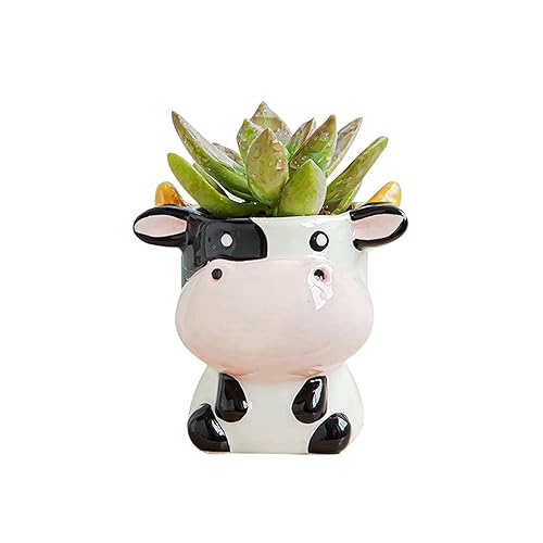 DIYOMR Cute Animal Ceramics Planter Small Succulent Pot Cartoon Shaped Plant Pot for Mini Plants Flower Cactus, Smooth Shiny Ceramic - Plants Not Included (Cow) - Cow