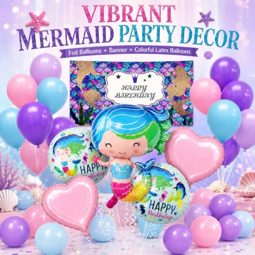 Image of Wanna Party Mermaid Theme Birthday Decoration Combo Pack, 36 Pieces | 4 ft x 2 ft Mermaid Happy Birthday Banner, 5 Mermaid Foil Balloons & 30 Latex Balloons in Pink, Purple and Aqua Blue