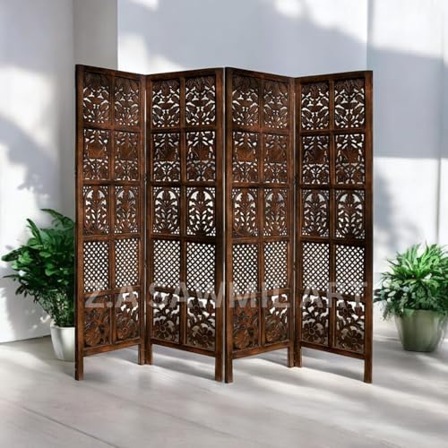 Image of Wooden Partition for Living Room, Privacy Divider, Wooden Room Separator, Divider for Office, Partition for Puja Room, (Mix Frame Design - Brown) (6 Feet 4 Panel)