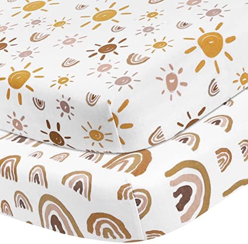 Babebay Pack N Play Sheets Fitted for Pack and Play Mattress and Mini Cribs, Jersey Knit Cotton for Natural Comfort Fitted for Baby Boys and Girls, Soft and Safe, 2 Pack (Rainbow and Sun)