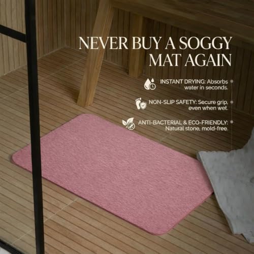 Image of Stone Bath Mat | Diatomaceous Earth Non-Slip Quick Drying Bathroom Floor Mat | Super Absorbent Bathtub & Shower Mat | Odor Free, Safe & Clean for Bathroom & Kitchen (Pink, 29.5 x 39.5 cm)