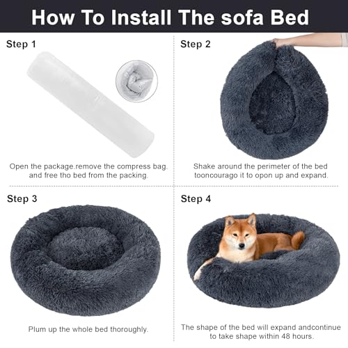 Dog Calming Beds for Small Medium Large Dogs - Round Donut Washable Puppy Dog Bed, Anti-Slip Faux Fur Fluffy Donut Cuddle Anxiety Cat Pet Bed(20" Dark Grey) - Image 6