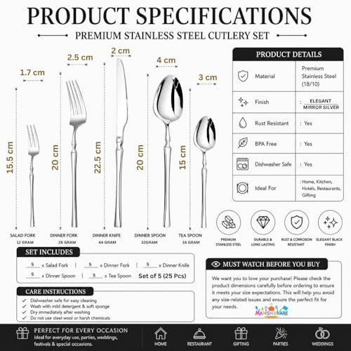 Image of Elegant Handle Silver 25 Pcs Heavy Duty Stainless Steel Cutlery Set for Dining Table (5 pcs Spoon Set+5 pcs Forks Set+5 pcs Butter Knife+5 pcs Dessert Spoon+5 Pcs Fuit Fork for Kitchen)