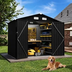 Aoxun Gerätehaus Metall mit Boden 6x4 FT Satteldach Schwarz