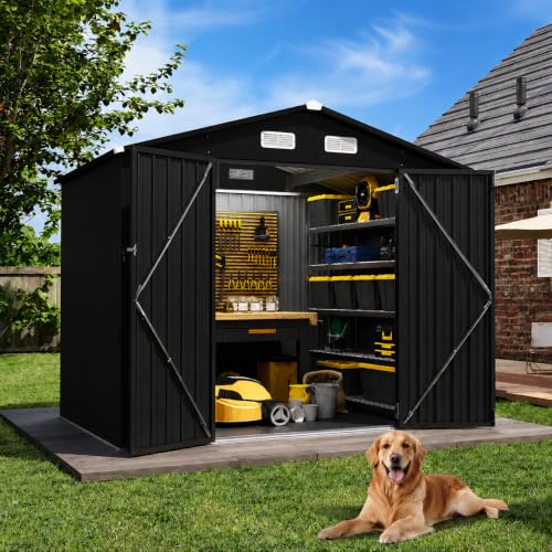 Image of Aoxun 6x4 FT Metal Garden Storage Shed with Floor Apex Roof Black