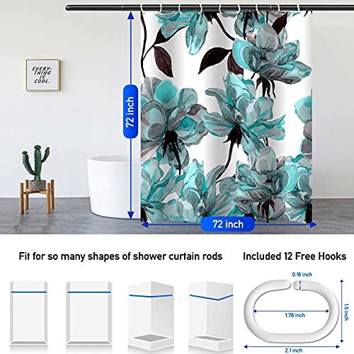 Teal Shower Curtain,Turquoise Flower Floral Shower Curtain With 12 Hooks, Blue Watercolor Colorful Abstract Shower Curtain, Washable Waterproof Fabric Shower Curtain Set For Bathroom (72" X 72") #TOP2