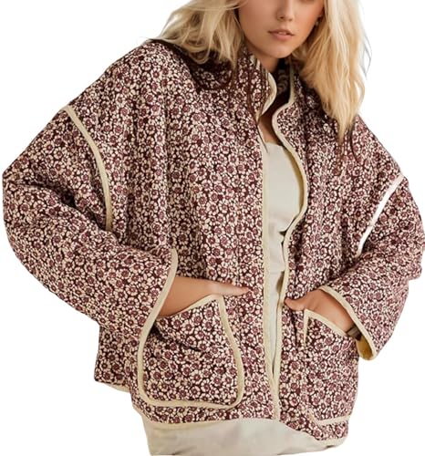 Aimiray Women's Cropped Floral Puffer Jacket Cardigan Printed Lightweight Open Front Padded Quilted Coats(DarkPink-XS)