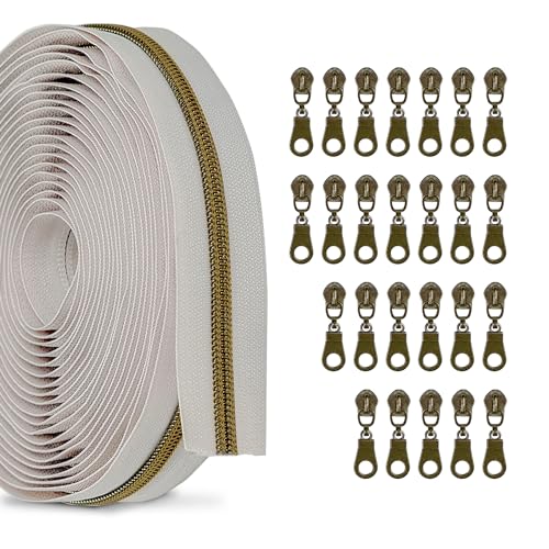 Zynzaoacs #5 Zipper by The Yard with Pulls, Continuous Beige Tape (10Yds) and Rust-Proof Antique Brass Pulls (25Pcs), Bulk Zippers for Sewing Bags and Purses, Cuttable Nylon Zipper Roll