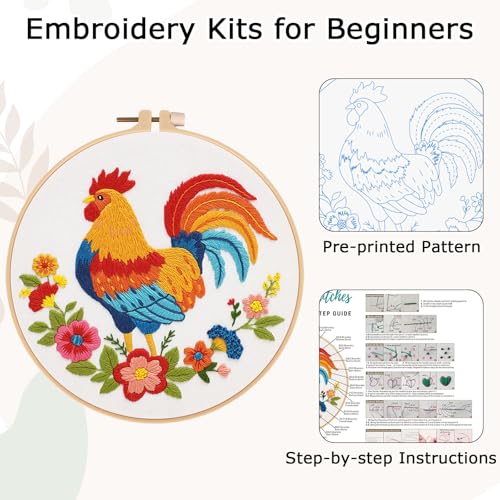 Image of Nuberlic Rooster Embroidery Kit for Adults Beginners, Stamped Farmhouse Embroidery Starter Kit with 7.9 Inch Hoop, Threads, Needles & Instructions, DIY Needlework Craft Gift