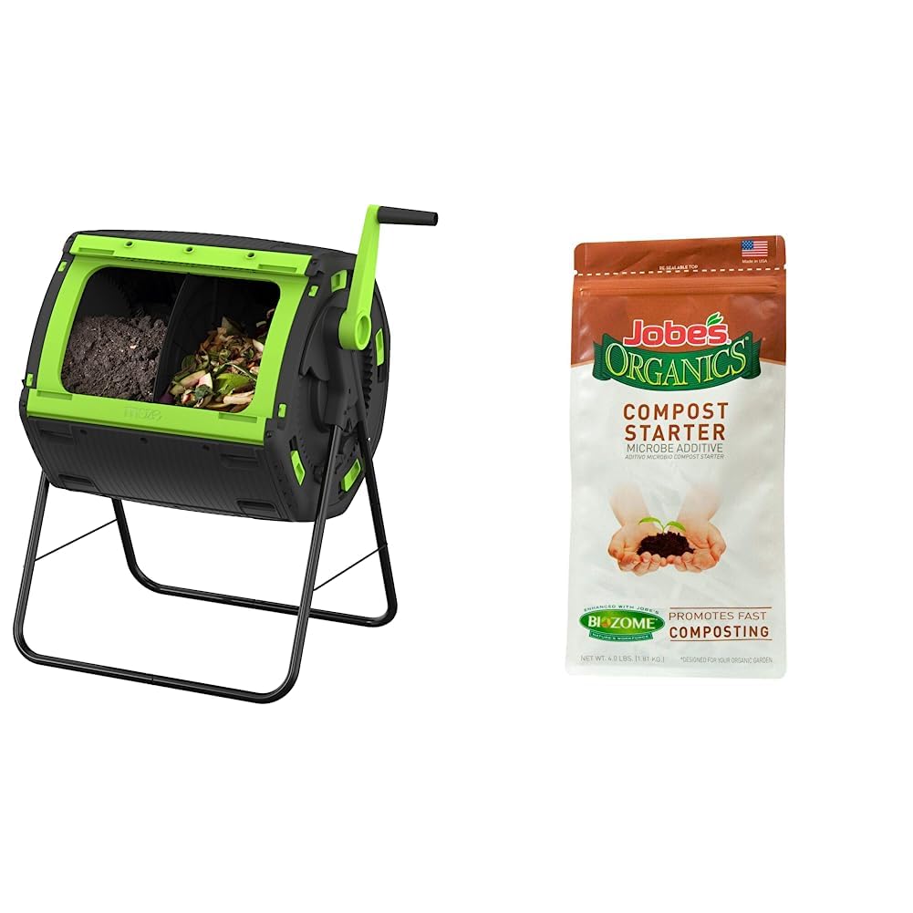 MAZE 48 Gallon Geared Two Compartment Compost Tumbler and Jobe's Organics 09926 Fast Acting Fertilizer Compost Starter, 4 Pound