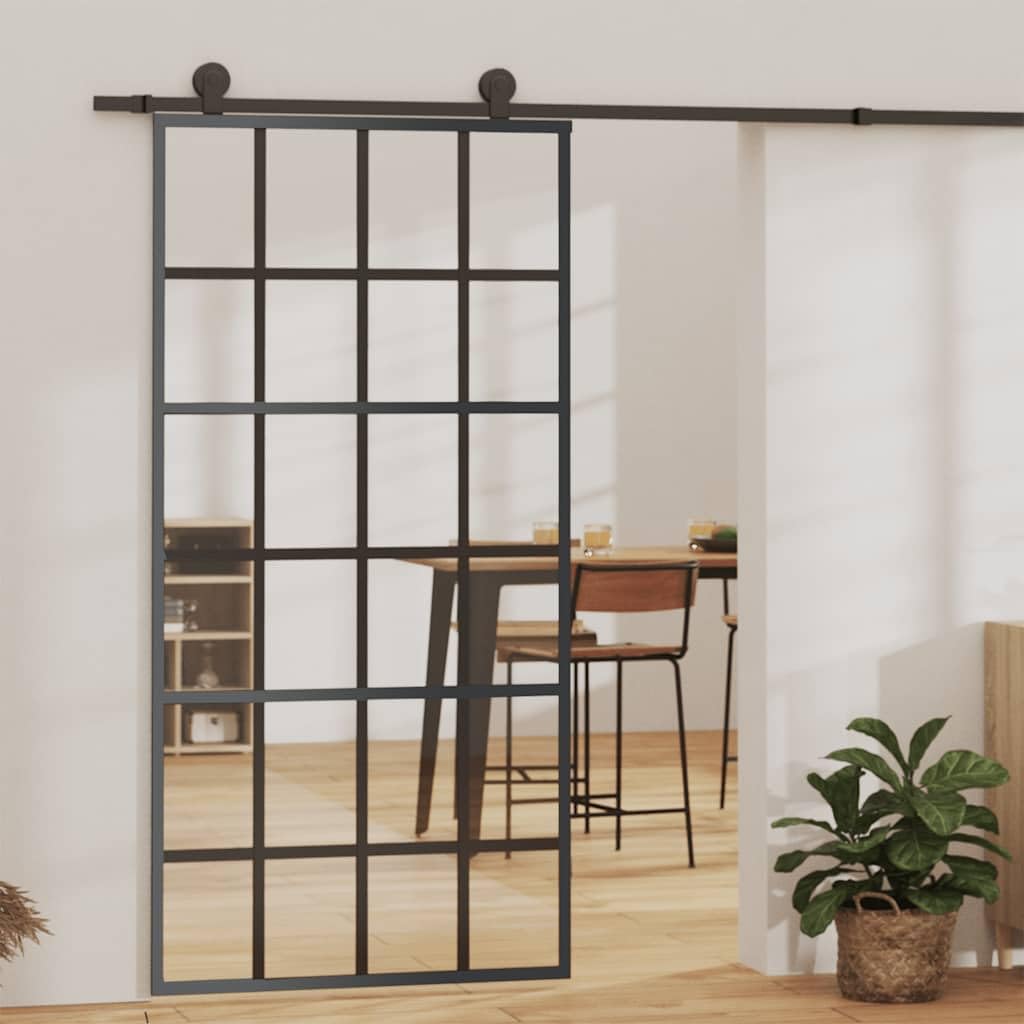 Drzwi przesuwne szkło ESG i aluminium 102 x 205 cm czarne z przezroczystym szkłem ESG i aluminiową ramą zapewniają stylowe przejście i przepuszczalność światła, cicha praca