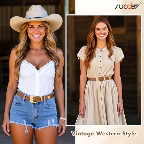 SUOSDEY Women Leather Belt for Jeans Pants, Ladies Waist Belt Western Belt with Gold Silver Buckle2