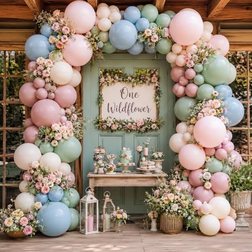 Image of Pink Blue Green Balloons, Boho Baby Shower Wildflower Floral Party Balloons | Dusty Green Pale Pink Beige Balloons, Dusty Blue Blush Sand White Balloons for Baby In Bloom Garden Tea Birthday Party Decor