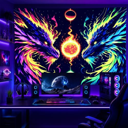 Image of BlissYard Dragon Tapestry Blacklight Tapestry 78x59 Inch UV Wall Hanging | Tapestry for Bedroom with Neon Twin Dragon Artwork for Fantasy Bedroom Dorm and Gaming Room Decor