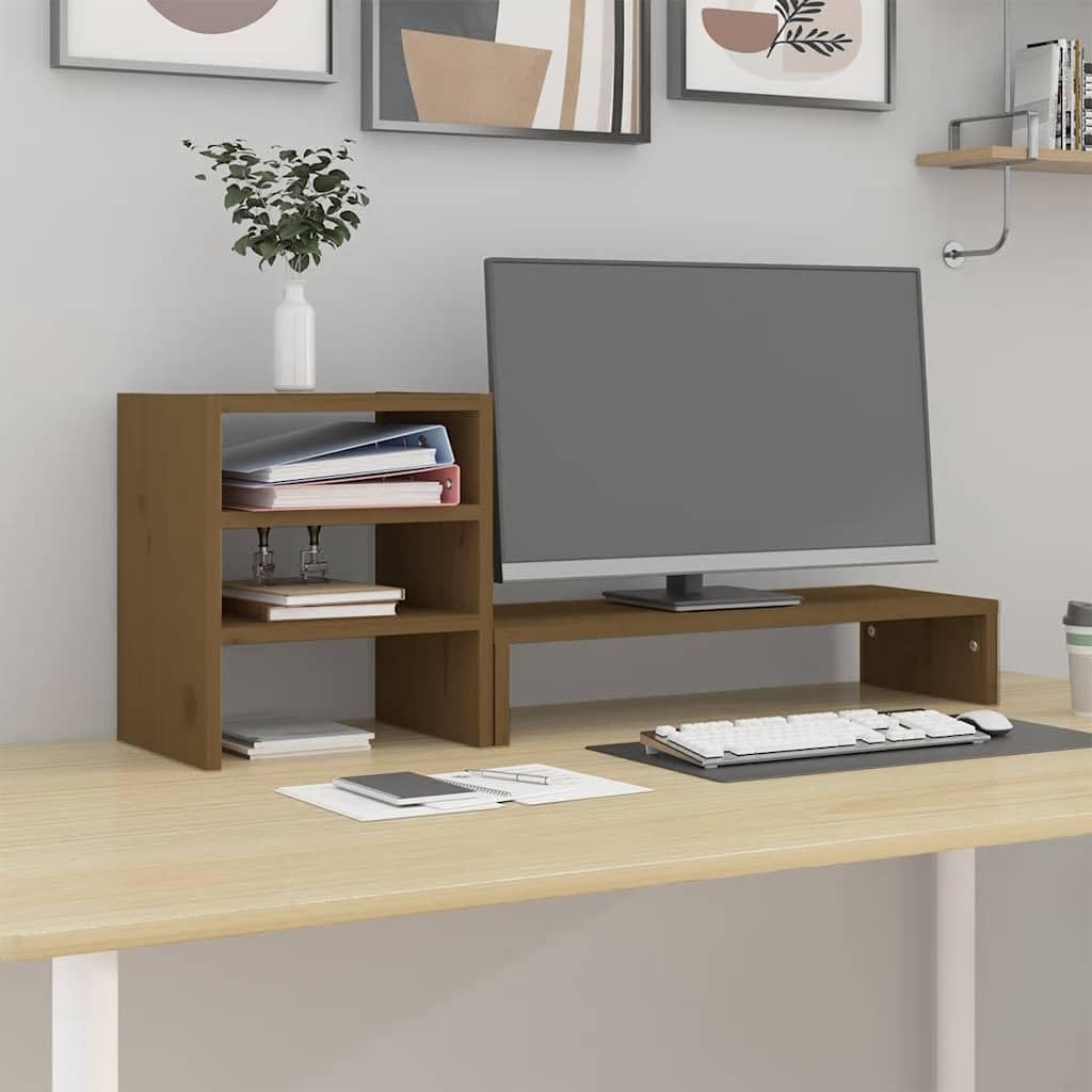 Supporto per monitor in legno massello di pino, 81 x 20 x 30 cm, supporto da scrivania con ripiano per tastiera, gestione dei cavi, scaffale ergonomico per ufficio, home office e gaming