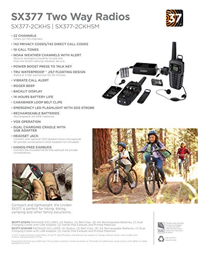 Uniden Sx377-2Ckhs Up To 37 Mile Range Frs Two-Way Radio Walkie Talkies W/ Dual Charging Cradle, Waterproof, Floats, 22 Channels, 142 Privacy Codes, Noaa Weather Scan + Alerts, Includes 2 Headsets #TOP1