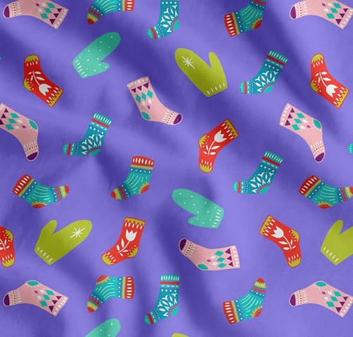 Image of Soimoi Purple Cotton Cambric Fabric Socks & Gloves Folk Art Print Sewing Fabric Meter 56 Inch Wide
