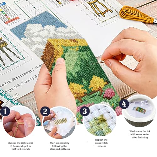 Image of ACRNIGHEET 6PCS Cross Stitch Bookmark Kit for Beginner Stamped Cross Stitch Kits for Adults Mountain Fields DIY Embroidery Bookmark Kits Needlepoint Kit with Instructions Craft Gift 8.5''x3'' 11CT