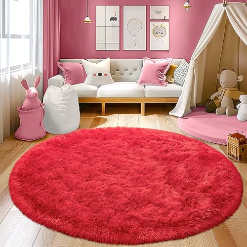 Round Fluffy Carpet 6FT Red - Super Soft Circle Rug for Kids Room - Shaggy Circular Rug for Nursery - Plush Furry Carpet for Boys Girls Room