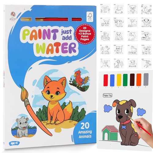 Planet First Paint Just Add Water Books for Kids Animals Watercolor Painting Book with Brush Includes 20 Activity Pages & 2 Extra Paint Pages Low-Mess Paint-by-Number Art for Ages 38