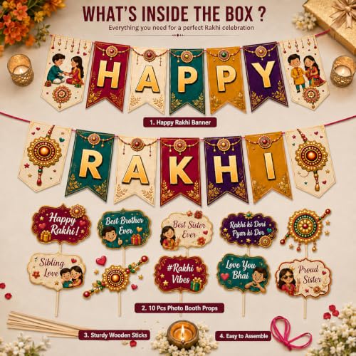 Image of Festiko Happy Rakhi Banner with 10 Pcs Photo Booth Props Combo, Raksha Bandhan Decoration Kit for Home, Family Celebration, Party Decor, Sibling Photoshoot Backdrop Supplies