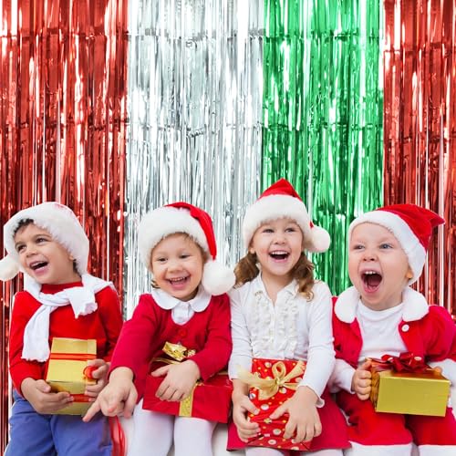 Image of TONIFUL 3Pcs Red Silver Green Door Streamers,Photo Booth Backdrop Metallic Streamers Foil Fringe Curtains for Birthday,Christmas,New Year,Bachelorette,Grad Party Streamers Decor(9.9ft x 6.6ft)