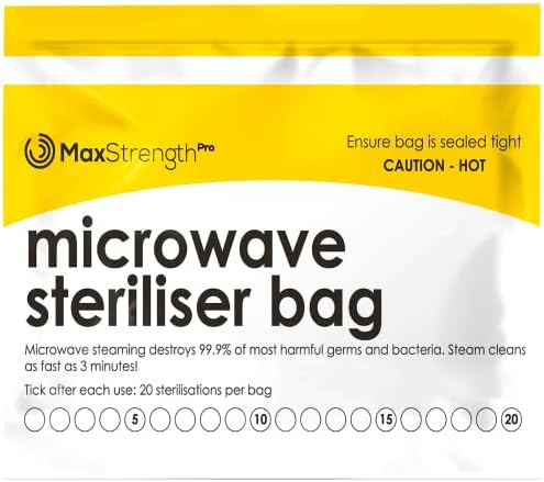Premium Microwave Sterilizer Bags (20pcs) by Max Strength, Large & Durable Steam Bags for Baby Bottles, Soothers, Teethers & Training Cups, 20 Uses Per Bag & Marking System