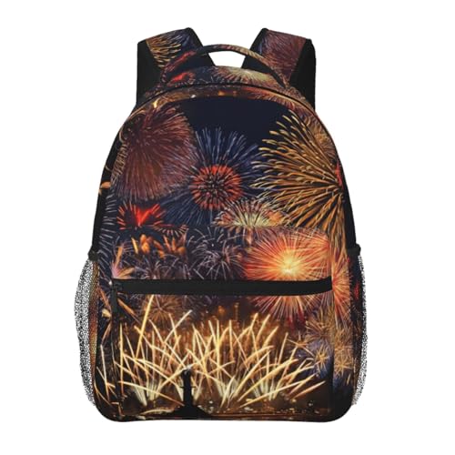 Mochila básica duradera de 40 cm con estampado de fuegos artificiales para turismo