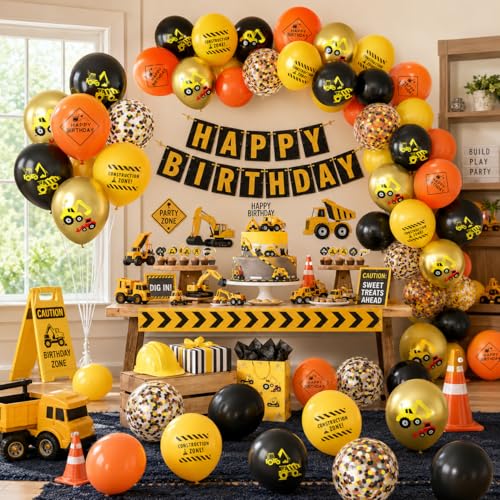 Image of Construction Balloons, 12 Inch Gold Black Yellow Orange Confetti Balloons for Boy Baby Shower Construction Themed Birthday Truck Party Graduation Supplies