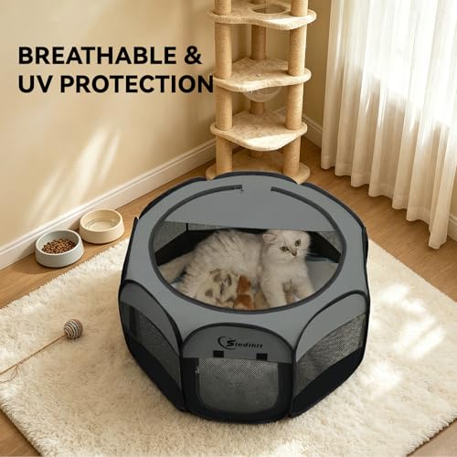 Image of Siedihit Dark Grey Dog Cat Playpen, Puppy Pet Playpen, Small Dogs Tent Crates Cage Indoor /Outdoor, Portable Pop Up Dog Kennel Playpen with Carrying Case for Dogs /Cats /Rabbits