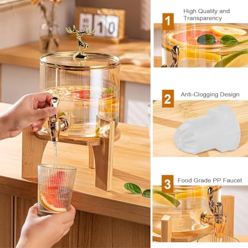 Image of 2.8 Liter Glass Beverage Dispenser with Bamboo Stand and Gold Deer Topper, Ice Drink Dispenser for Water, Juice,Beer, Cocktails, Home & Restaurants, Office, Bars,Party - Event