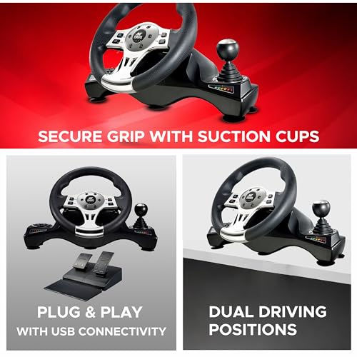 Image of Ant Esports GW190 Racing Steering Wheel with Pedals & Shifter, 270 Rotation, Universal USB, Compatible with PC, PS4, PS3, Xbox One, Xbox Series X /S, Nintendo Switch & Android TV (Black /Silver)