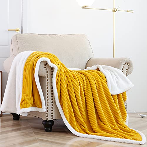 Sochow Sherpa Fleece Throw Blanket, Super Soft Fluffy Warm Stripe Plush Blanket For Sofa Couch Bed 50 X 60 Inches, Mustard Yellow #TOP1